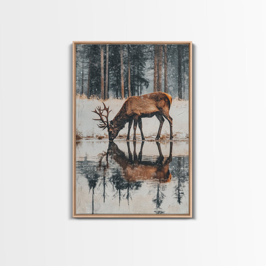 Snowfall at the Water’s Edge – Winter Woodland Deer Wall Art