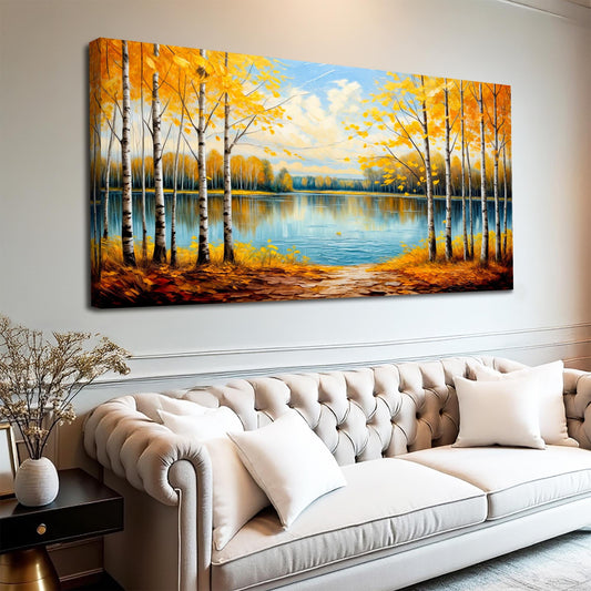 Golden Lakeside Retreat, Lake Canvas Wall Art, Nature-Inspired Home Decor