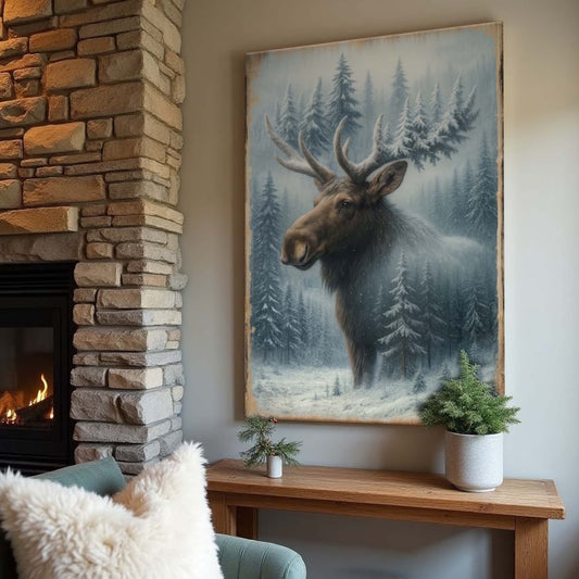 Winter Moose in the Pines – Rustic Woodland Snowfall Wall Art