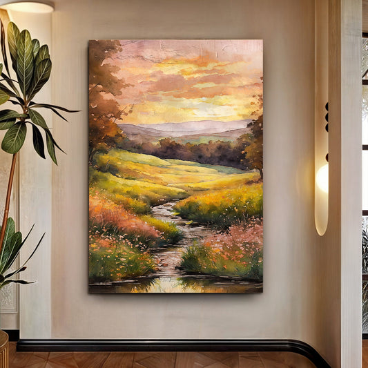 Golden Meadow Stream, River Canvas Wall Art, Nature-Inspired Landscape Decor