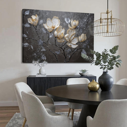 Midnight Magnolias – Textured Metallic Floral Wall Art
