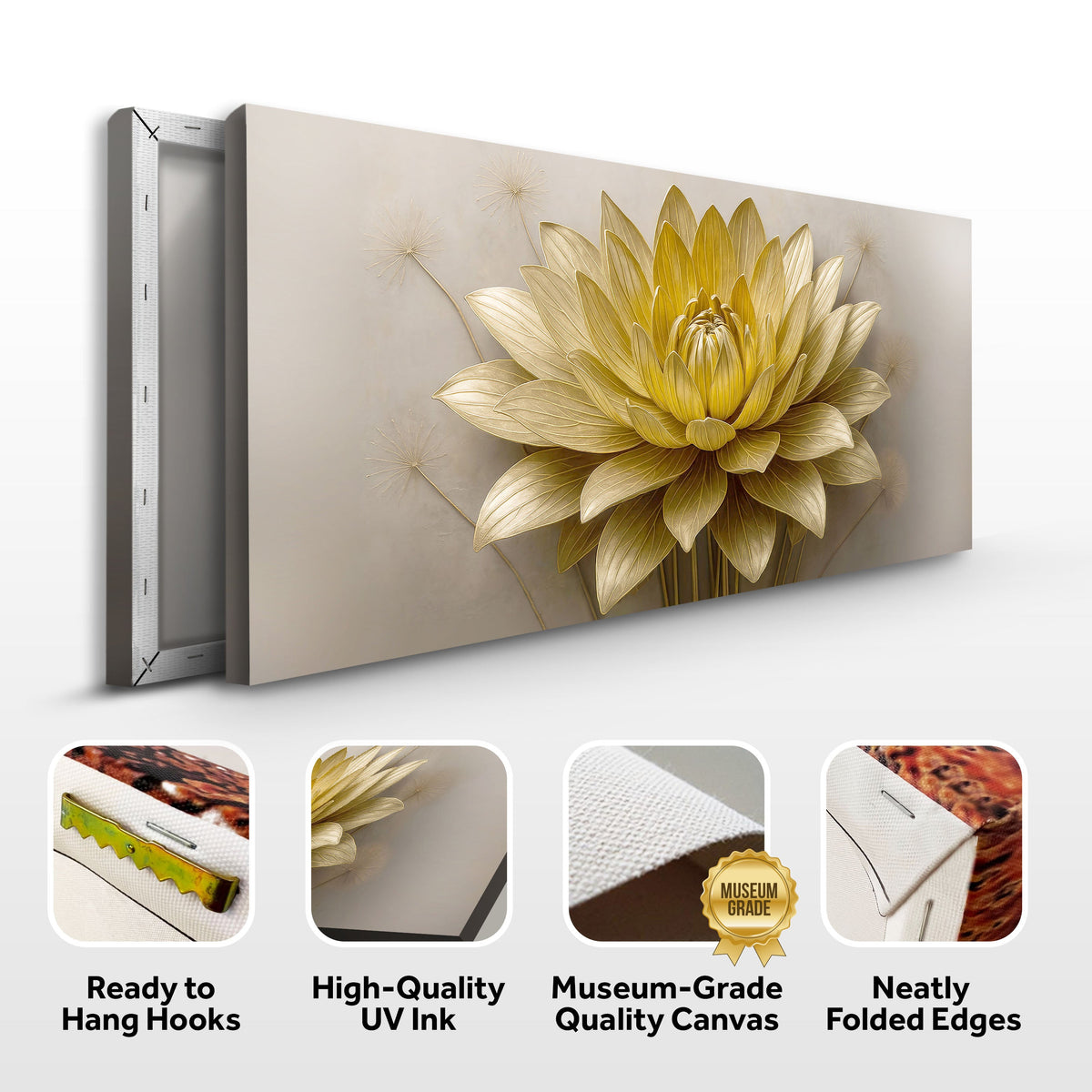 Golden Lotus Bloom, Lotus Canvas Wall Art, Elegant Modern Botanical Decor