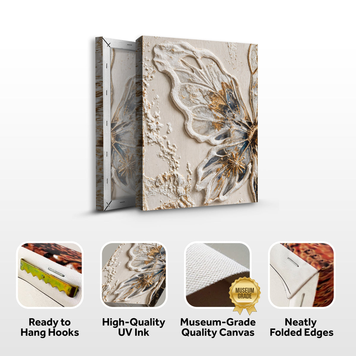 Golden Wings, Butterfly Canvas Wall Art, Elegant Neutral Home Decor