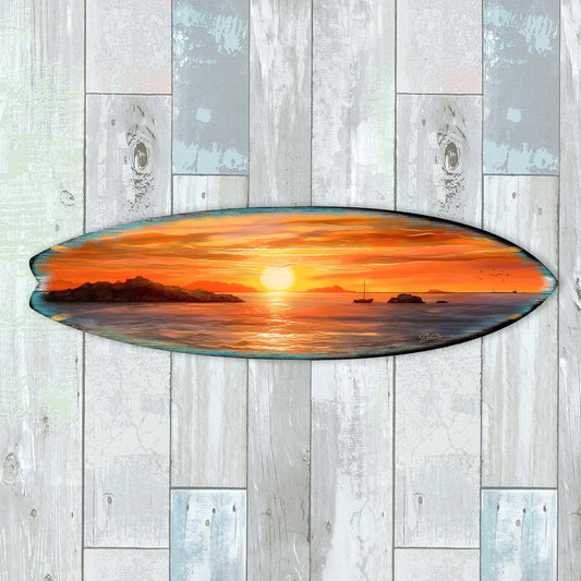 Sunset Voyage – Coastal Surfboard Wooden Wall Art