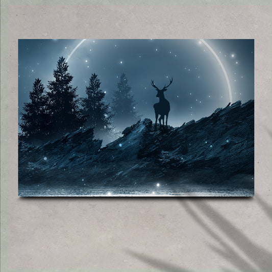 Moonlit Watcher – Midnight Deer Canvas Art