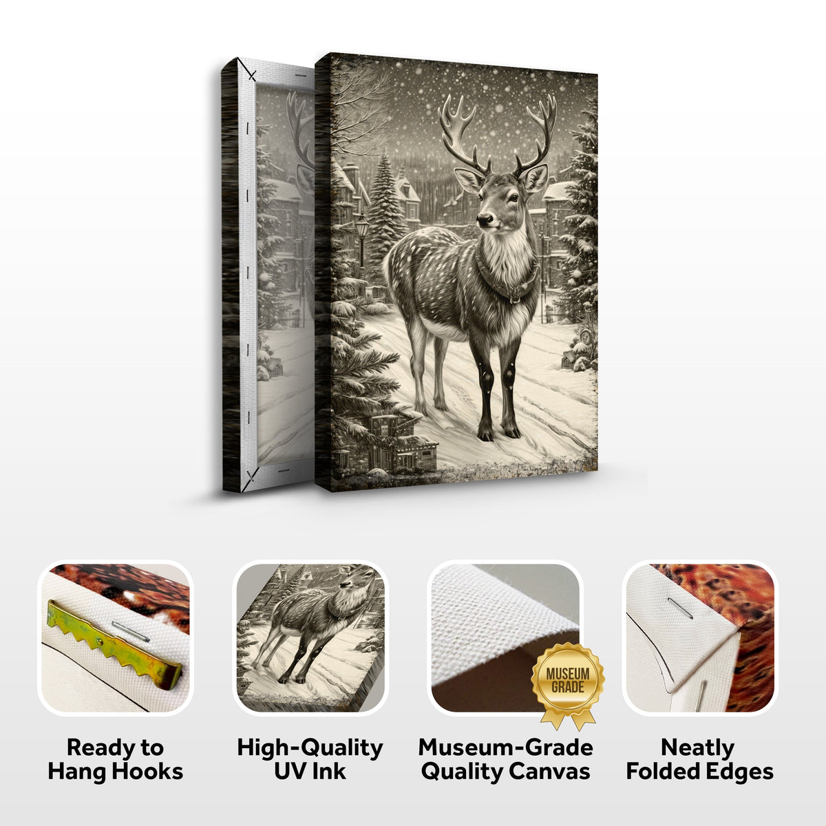 Winter Village Guardian, Deer Canvas Wall Art, Rustic Woodland Winter Decor