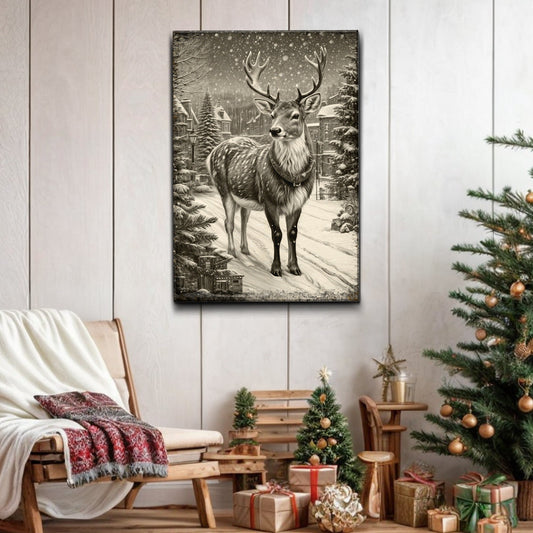 Winter Village Guardian, Deer Canvas Wall Art, Rustic Woodland Winter Decor