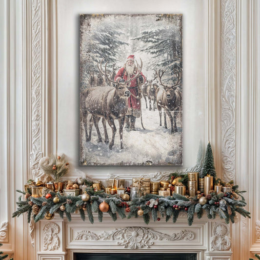 Through the Winter Pines, Woodland Santa Canvas Wall Art, Rustic Christmas Decor