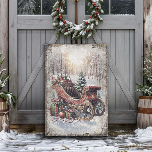Christmas Wishes Await, Vintage Christmas Sleigh Canvas Wall Art, Rustic Holiday Decor