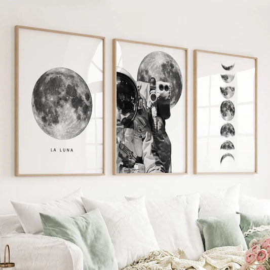 Modern Black & White Moon Phases Wall Art Set – 3 Piece