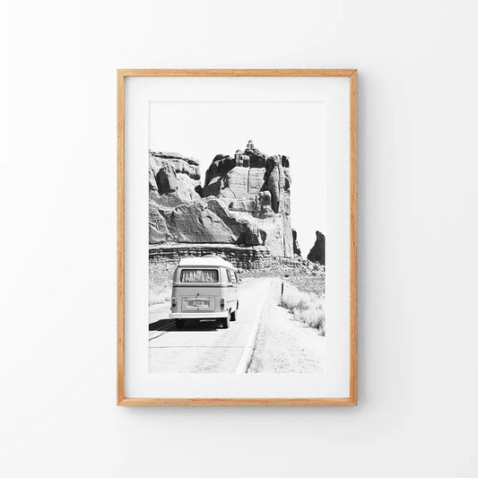 Desert Road Camper – Black & White Travel Poster