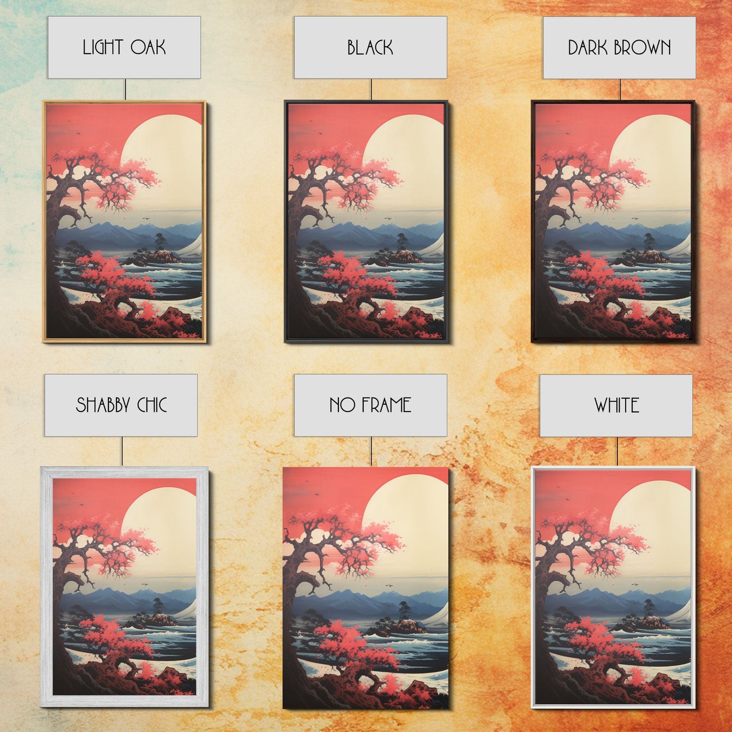 Crimson Wave Horizon – Japandi Seascape Triptych Wall Art