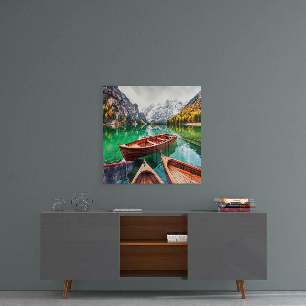 Emerald Passage – Alpine Lake Rowboat Glass Wall Art