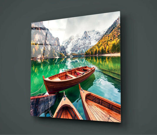 Emerald Passage – Alpine Lake Rowboat Glass Wall Art