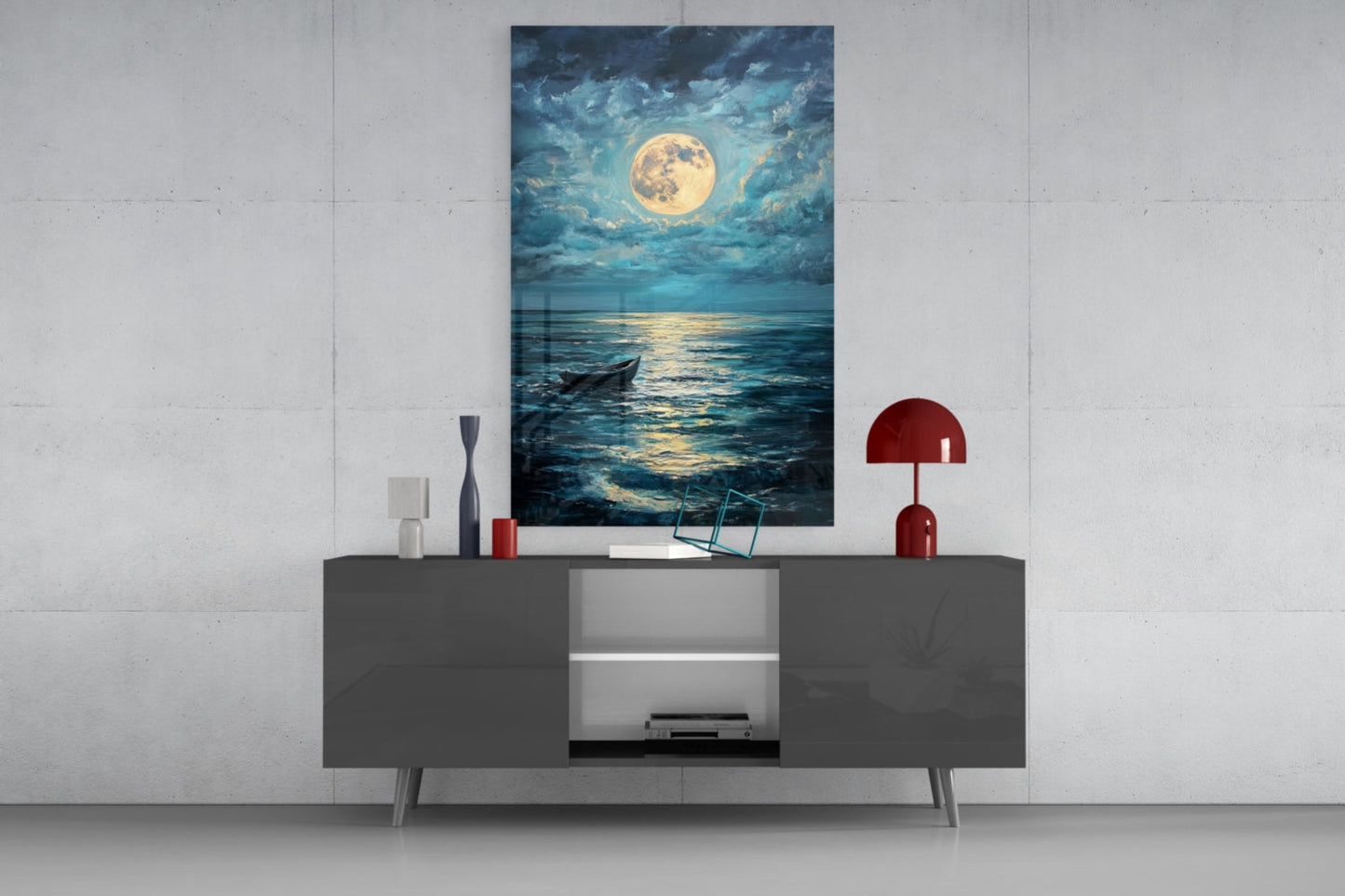 Boat in the Full Moon- Glass Wall Art