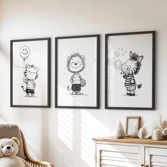 Safari Friends – Black & White Nursery Art Set (3 Prints)