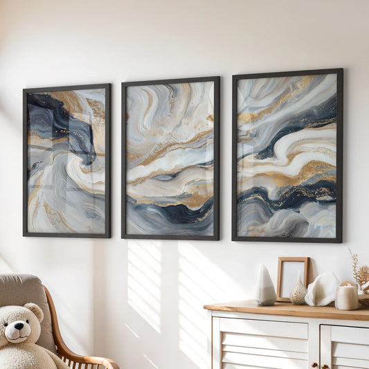 3 Piece Modern Abstract Marble Wall Art – Navy Blue & Gold