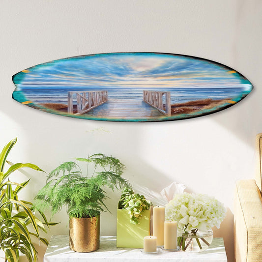 Wooden Pier Surfboard – Handcrafted Coastal Wall Art