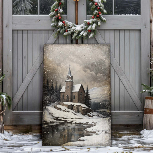 Christmas Eve Chapel, Church Canvas Wall Art, Vintage Holiday Decor