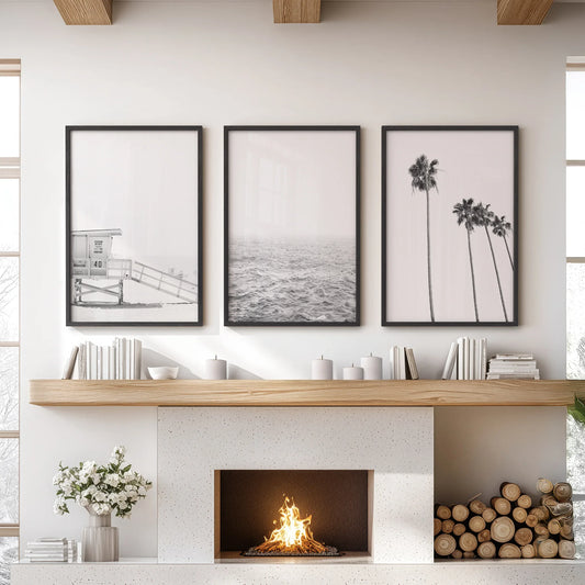 Black White Coastal Wall Art Set: Palms, Ocean, Lifeguard – Minimal Coastal Wall Art