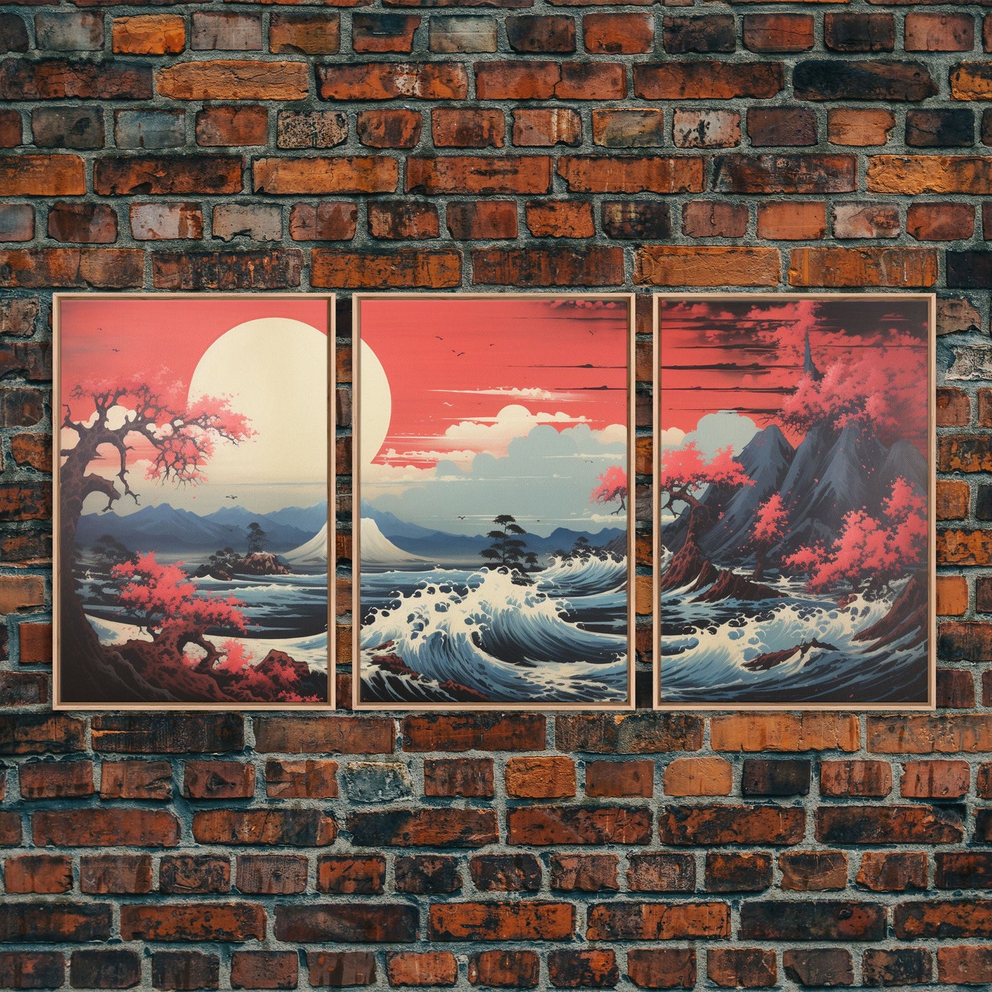 Crimson Wave Horizon – Japandi Seascape Triptych Wall Art