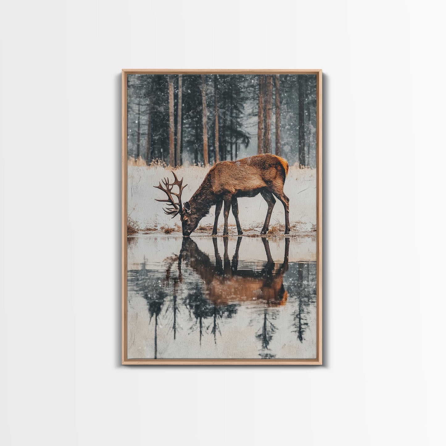 Snowfall at the Water’s Edge – Winter Woodland Deer Wall Art