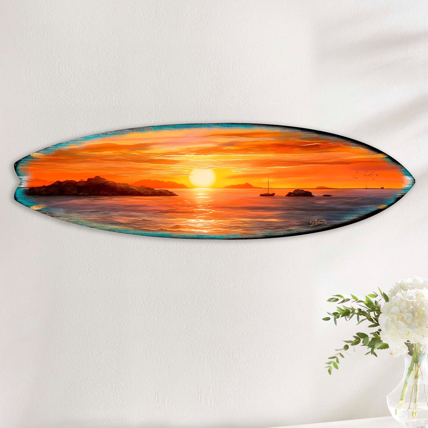 Sunset Voyage – Coastal Surfboard Wooden Wall Art