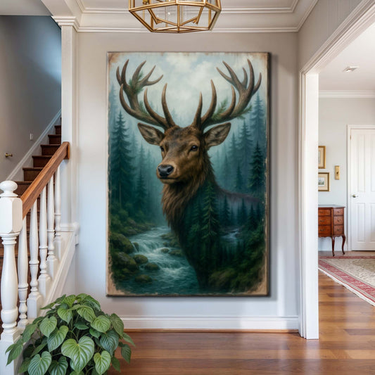 Misty Stag Reverie – Double Exposure Forest Wall Art