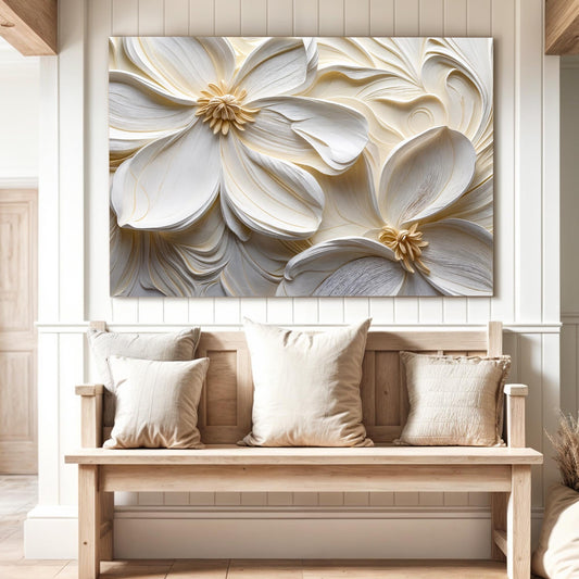 3D Minimalist Flower Wall Art II — Textured Neutral Botanical Canvas Wall Art