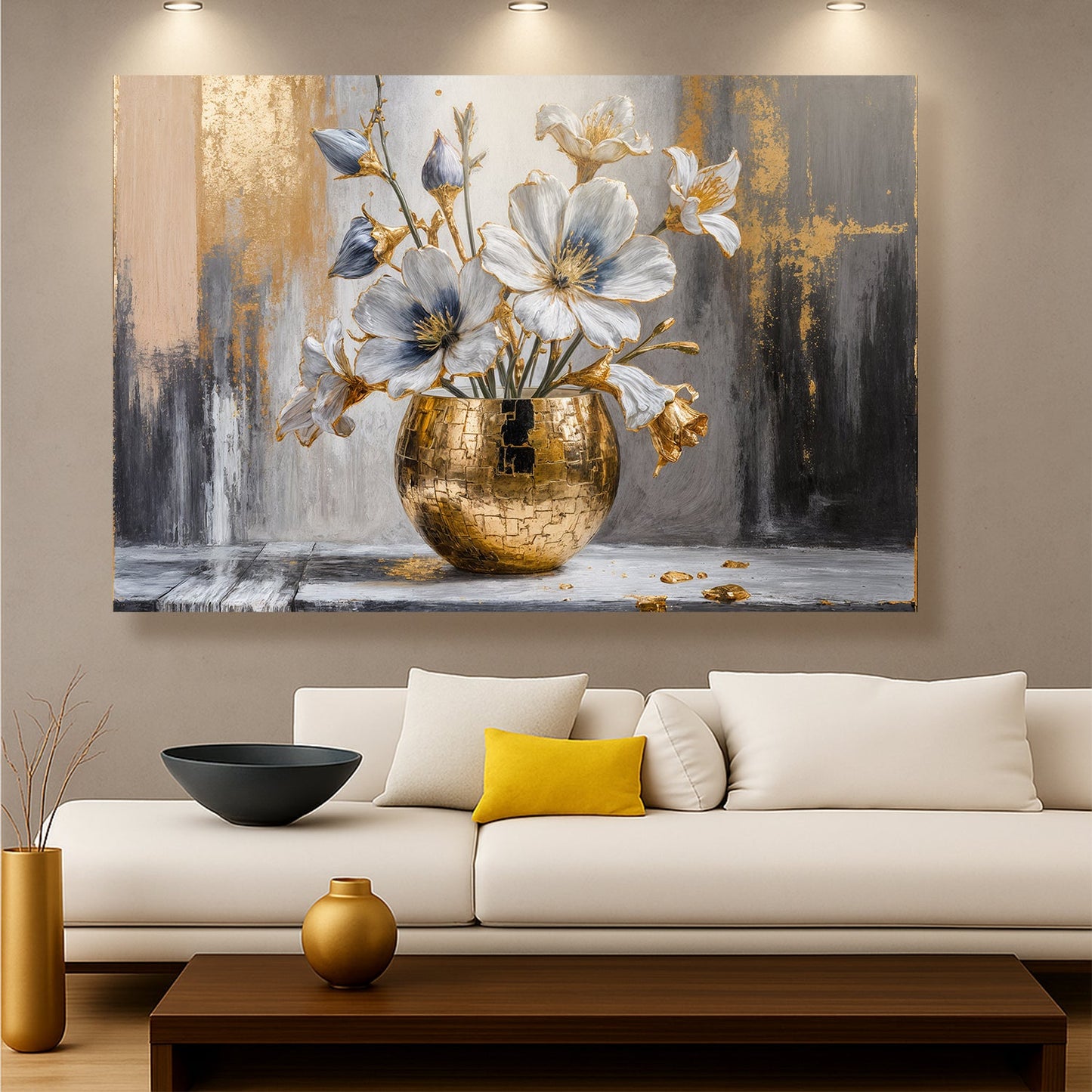 Magnolia Bloom in Gold — Neutral Modern Botanical Wall Art