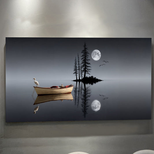 Moonlit Stillwater – Modern Minimalist Night Lake Wall Art