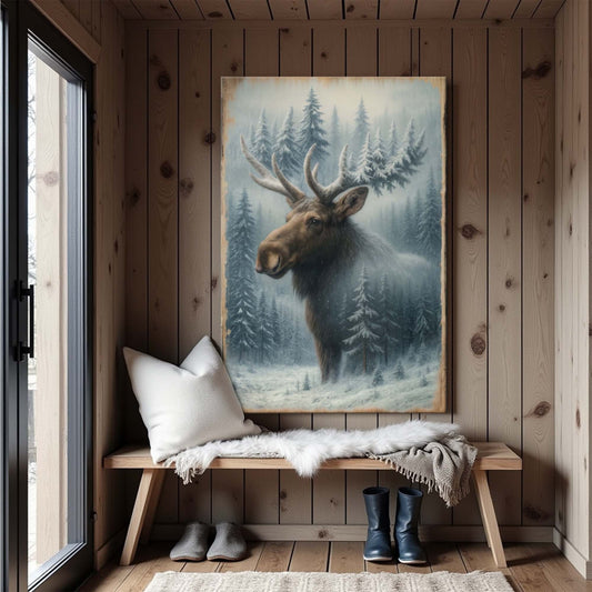 Winter Moose in the Pines – Rustic Woodland Snowfall Wall Art