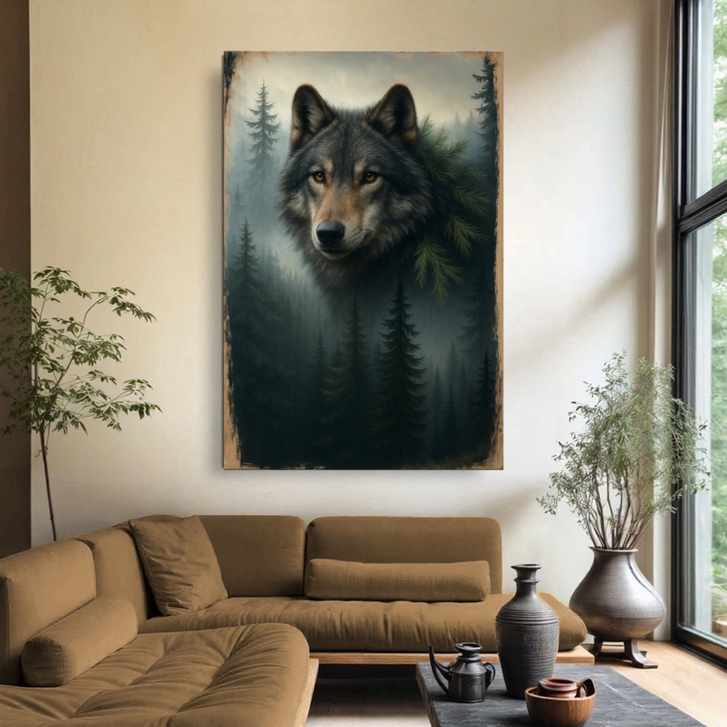 Guardian of the Mistbound Pines – Wolf Double Exposure Wall Art V