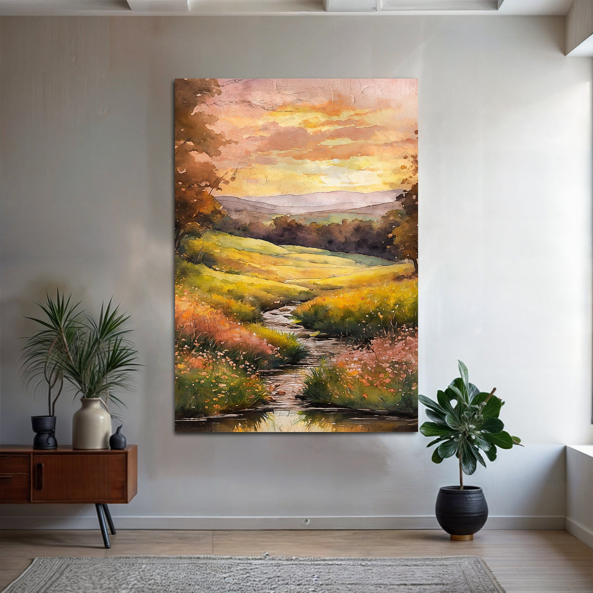 Golden Meadow Stream, River Canvas Wall Art, Nature-Inspired Landscape Decor