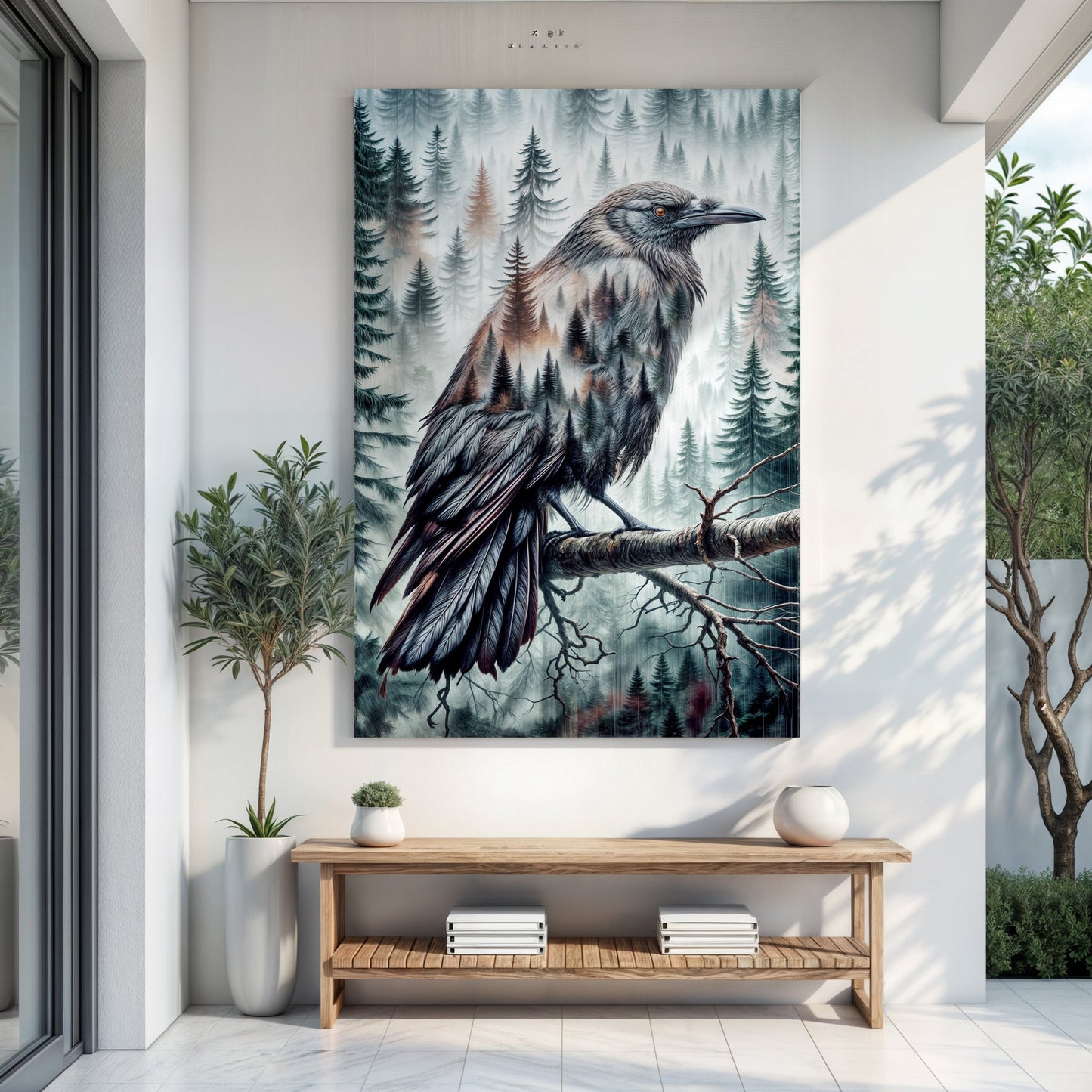 Whispers of the Midnight Pines – Crow Double Exposure Wall Art