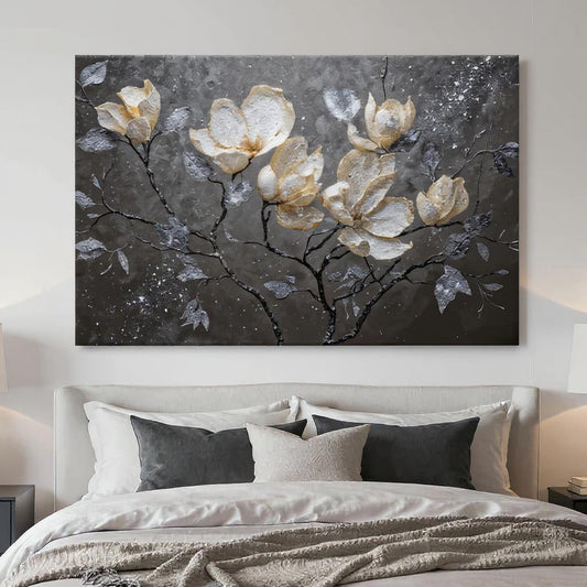 Midnight Magnolias – Textured Metallic Floral Wall Art