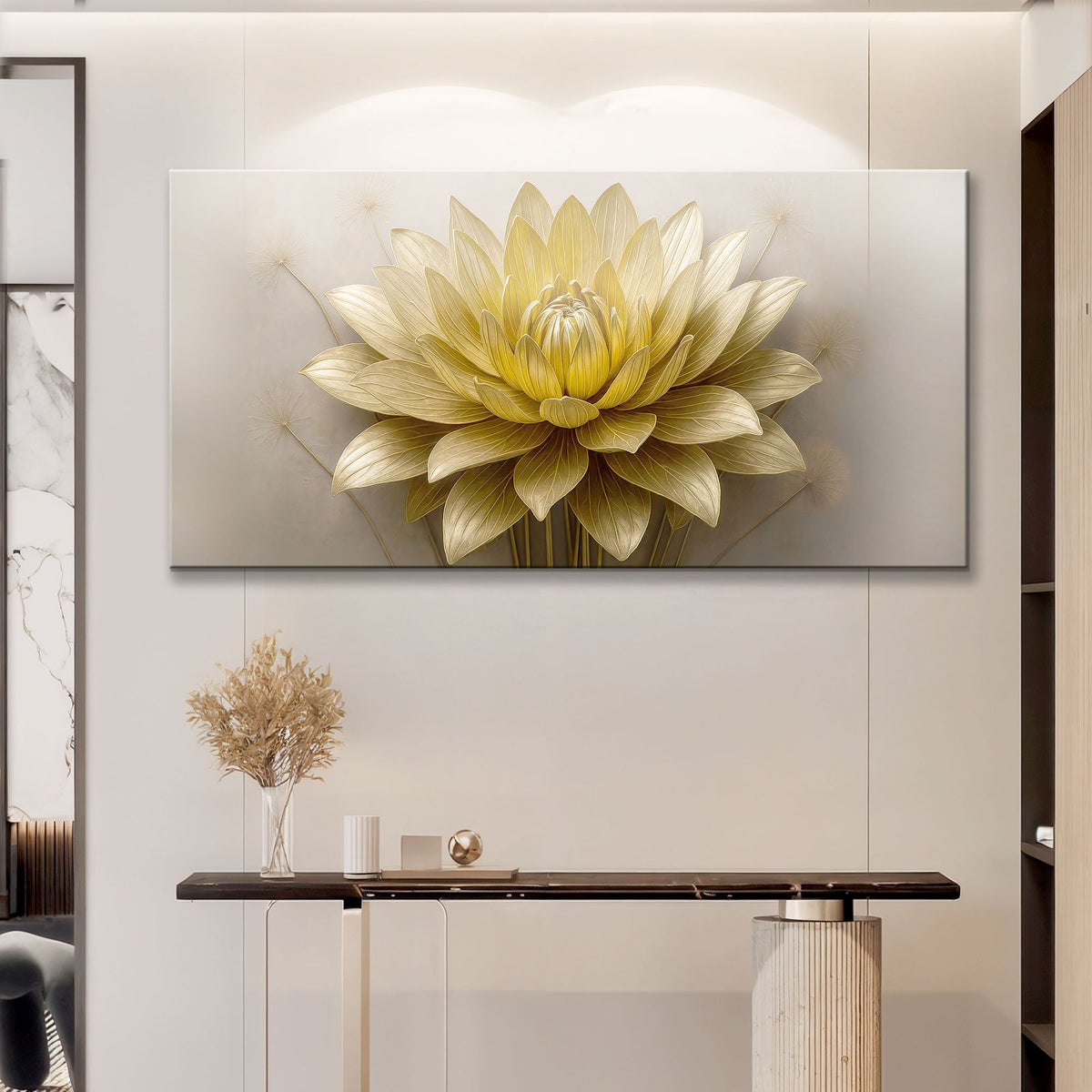 Golden Lotus Bloom, Lotus Canvas Wall Art, Elegant Modern Botanical Decor