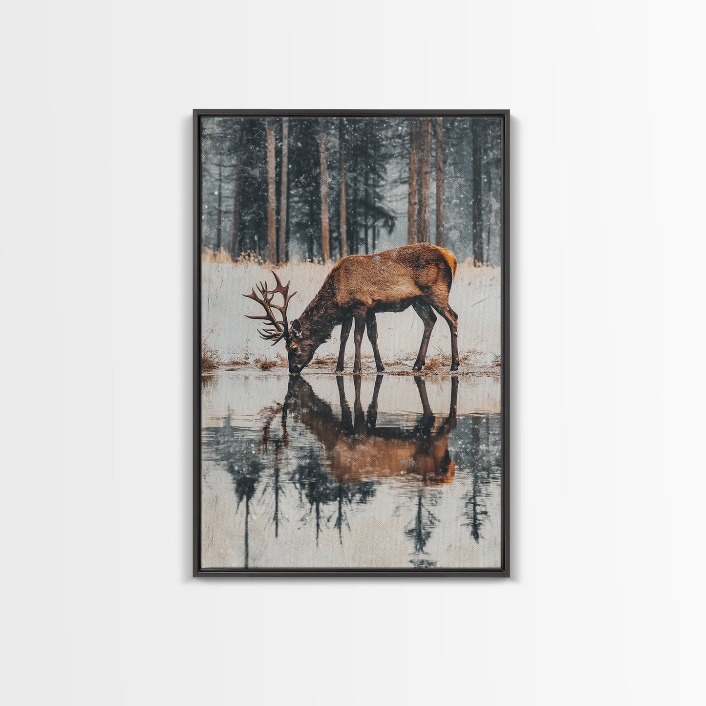 Snowfall at the Water’s Edge – Winter Woodland Deer Wall Art