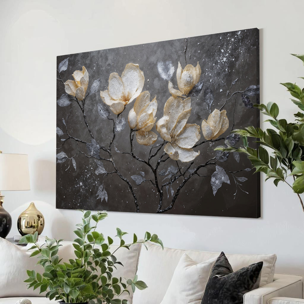 Midnight Magnolias – Textured Metallic Floral Wall Art