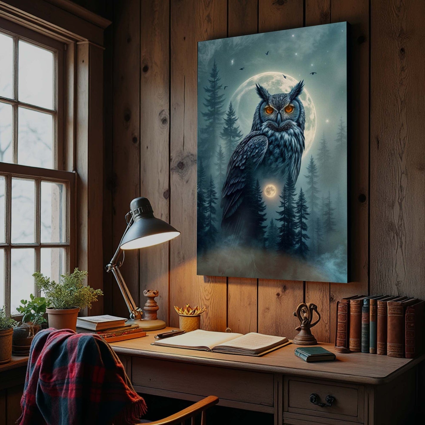 Moonlit Forest Sentinel – Owl Double Exposure Wall Art II
