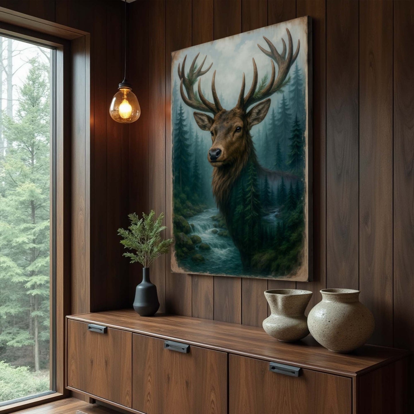 Misty Stag Reverie – Double Exposure Forest Wall Art