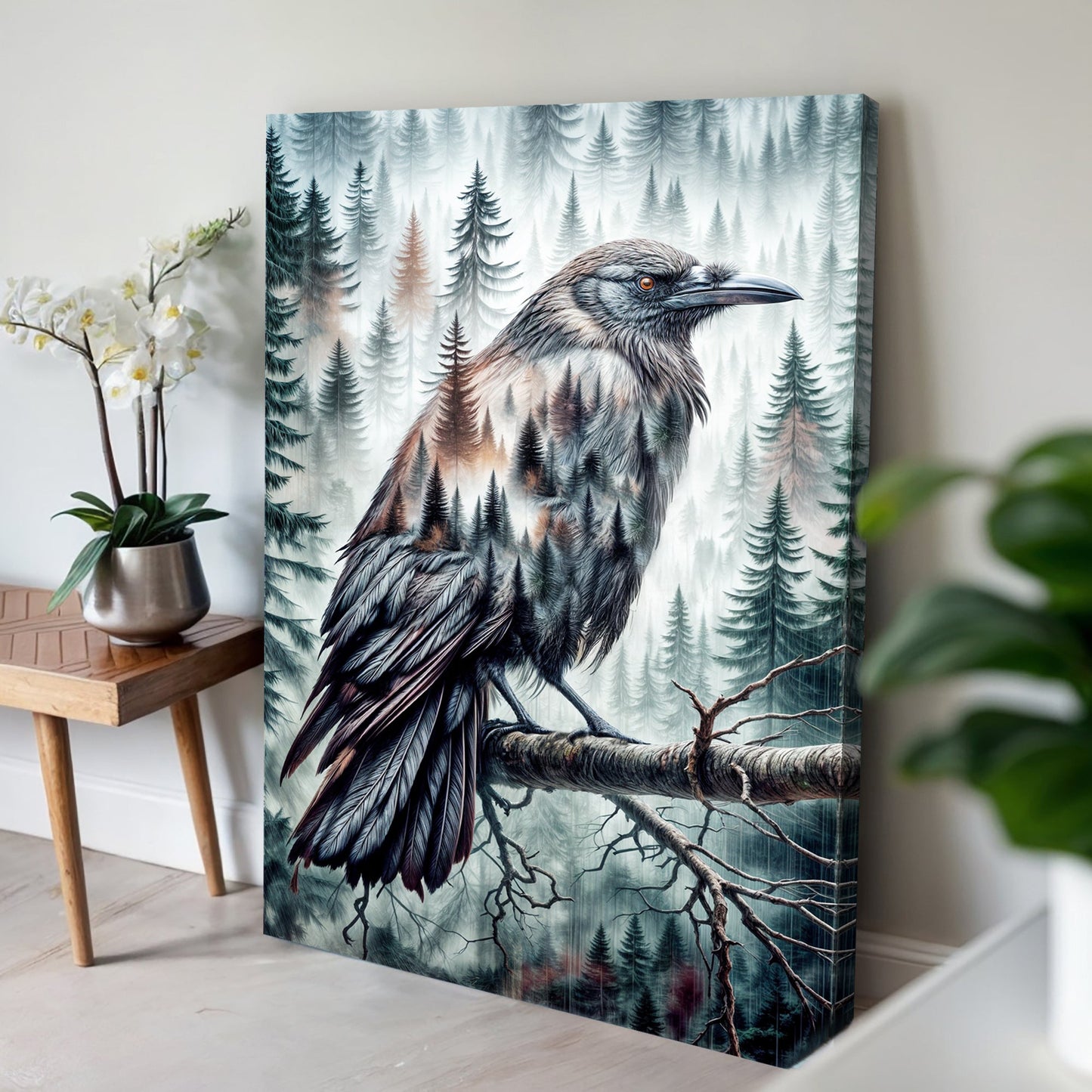 Whispers of the Midnight Pines – Crow Double Exposure Wall Art