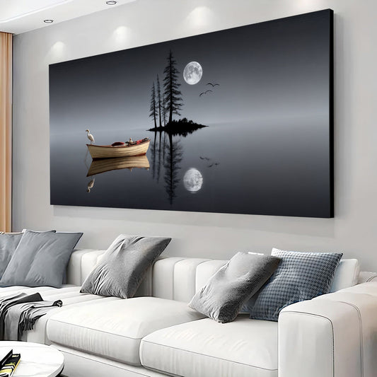 Moonlit Stillwater – Modern Minimalist Night Lake Wall Art