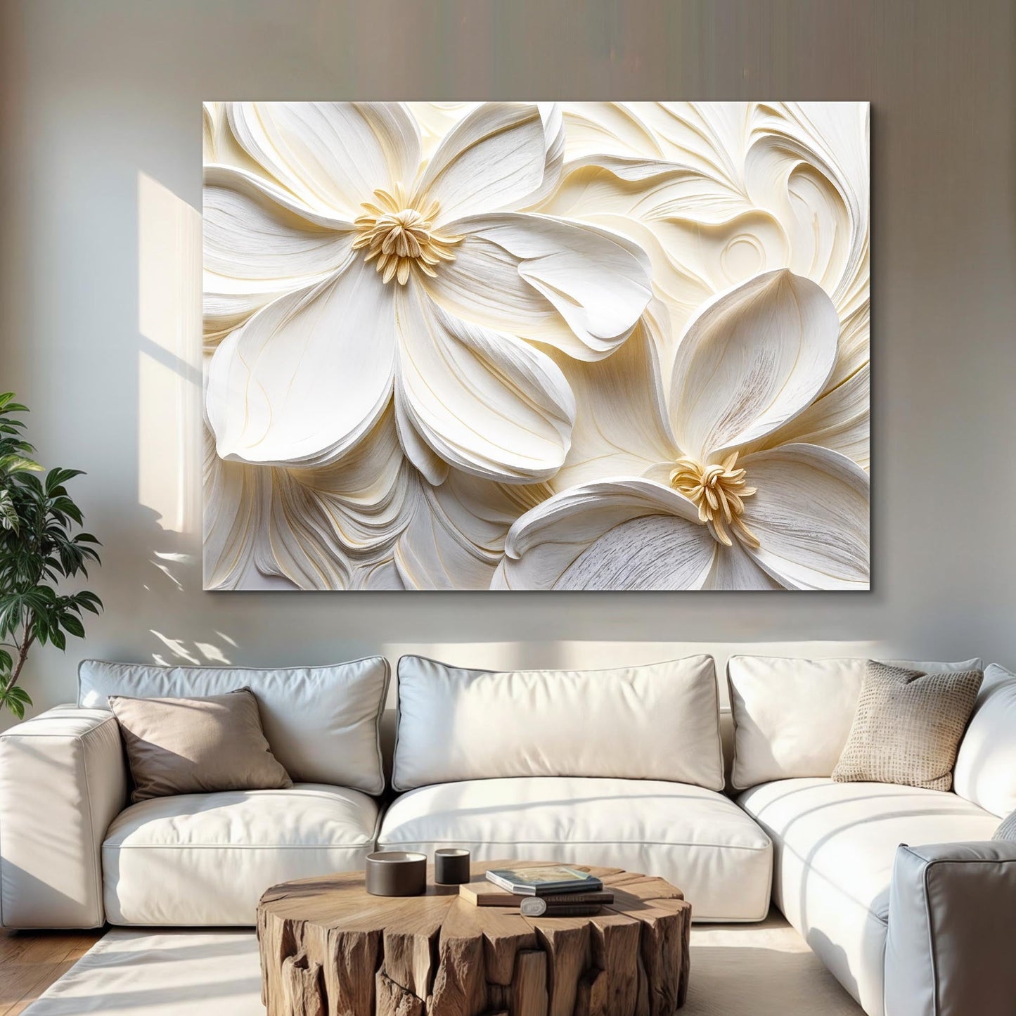 3D Minimalist Flower Wall Art II — Textured Neutral Botanical Canvas Wall Art