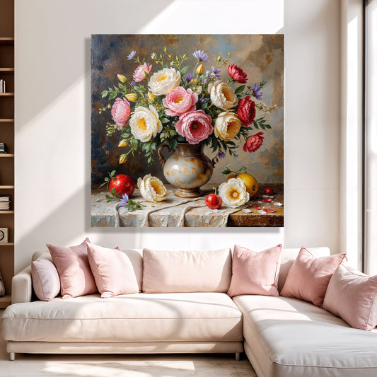 Summer Bloom Vase, Floral Canvas Wall Art, Cottage Garden Home Decor