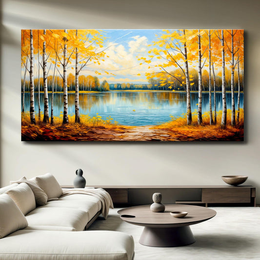 Golden Lakeside Retreat, Lake Canvas Wall Art, Nature-Inspired Home Decor