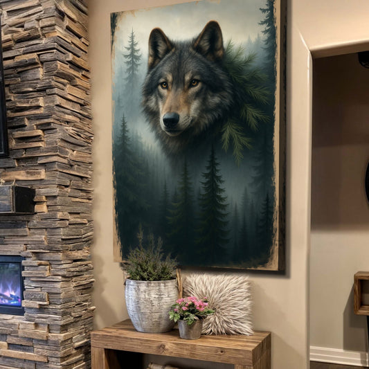 Guardian of the Mistbound Pines – Wolf Double Exposure Wall Art V