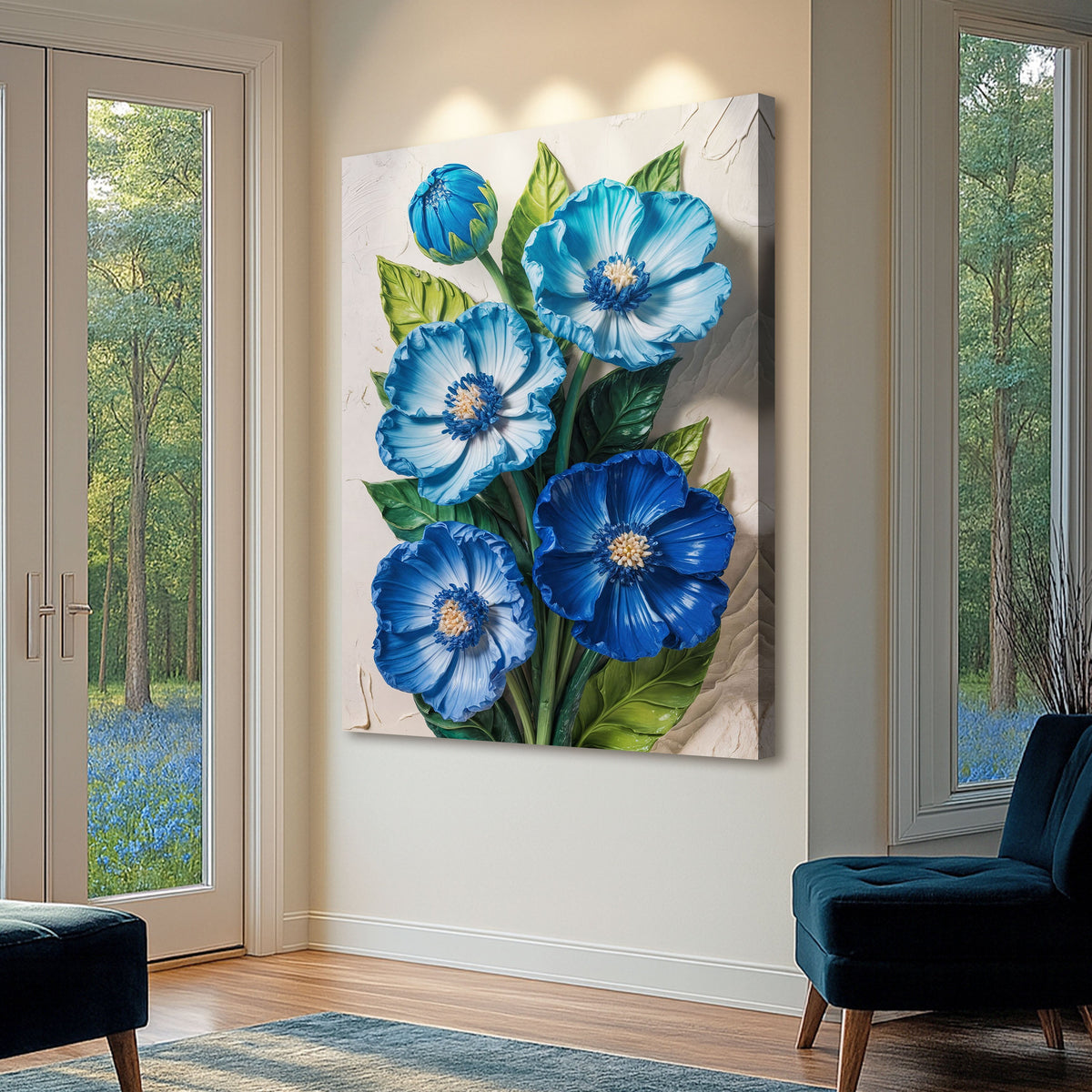 Blue Blossom Bouquet, Floral Canvas Wall Art, Botanical Home Decor