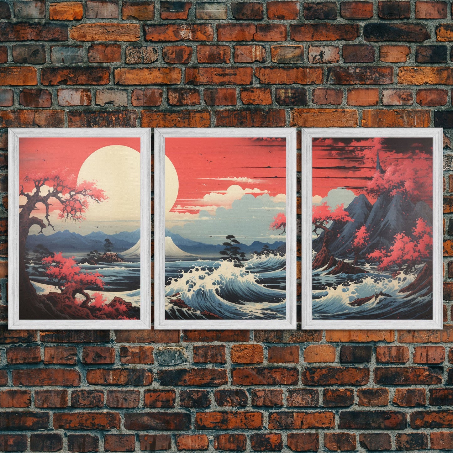 Crimson Wave Horizon – Japandi Seascape Triptych Wall Art