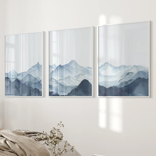 Blue Mist Peaks – Abstract Watercolor Mountain Canvas Set (3 Piece)